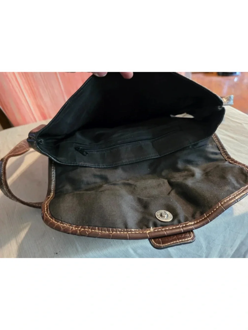 Western Dark Brown Faux Croc Flap Shoulder Bag - Silver Buckle Accent